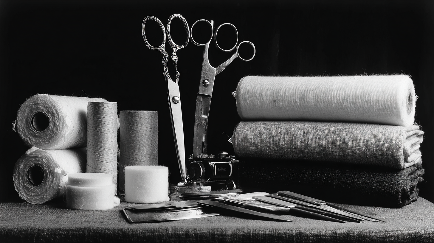 A photo of tailoring equipment. In black and white.