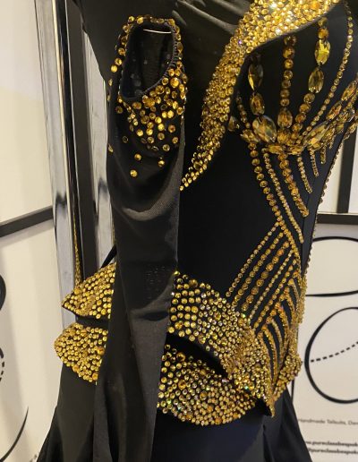 Close up of the Black and Gold couture Gown showing sleves and bodice.
