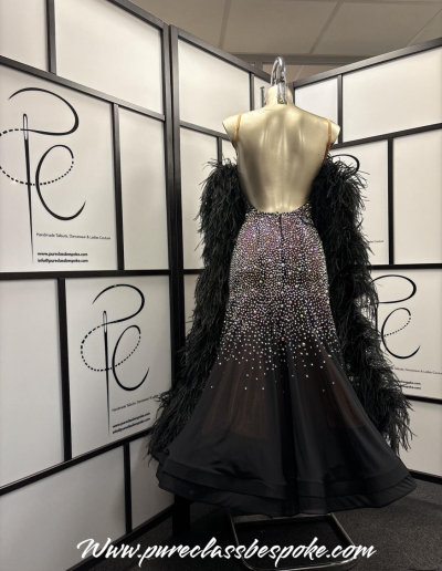 Back image of a black and feathered couture gown.